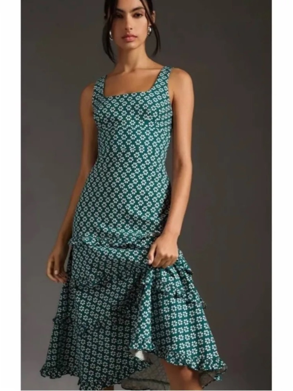 By Anthropologie Blythe Floral Tiered Midi Dress Green Large Square Neck - Picture 2 of 9